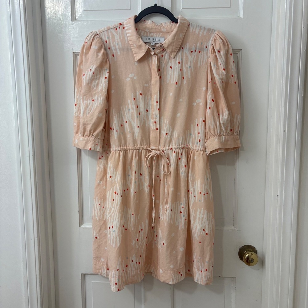 Hunter Bell McCauley Shirt Dress L Linen Blend Puff Sleeve Coastal Resort Boho